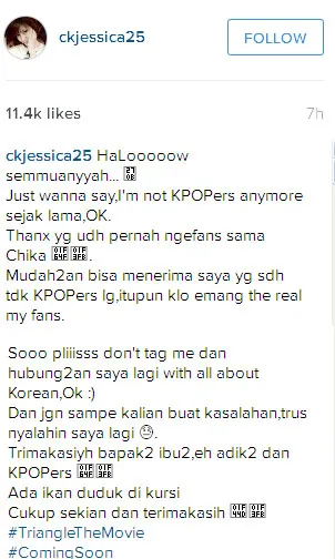 Klarifikasi panjang Chika Jessica ©Instagram/ckjessica25