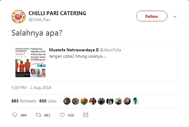 Gibran menjawab twit nyinyir yang cukup kontroversial ini. (twitter.com/chilli_pari)