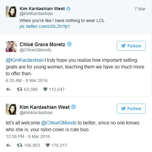 Beberapa waktu lalu, Chloe Moretz saling perang komentar dengan Kim Kardashian © Metro.co.uk/Twitter