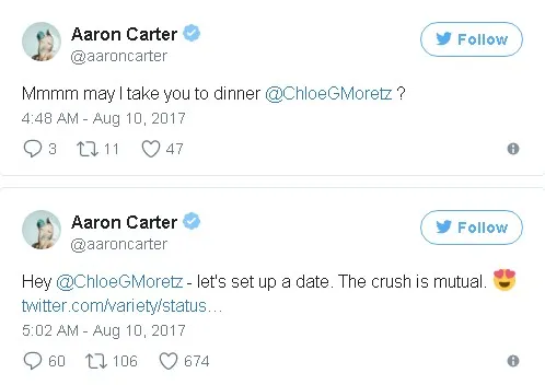 Tak malu-malu, Aaron pun mengajak kencan Chloe © twitter.com/aaroncarter