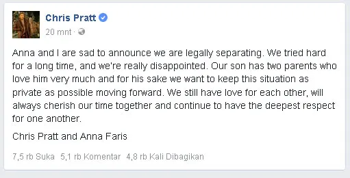 Chris Pratt juga memberikan konfirmasi lewat Facebook © Facebook.com