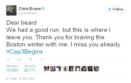 Update Chris Evans tentang cukur jenggotnya © twitter/Chris Evans