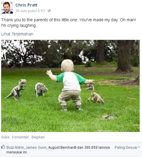 Foto favorit Chris Pratt dari sekian banyak orang yang meniru gayanya di JURASSIC WORLD © Chris Pratt FB