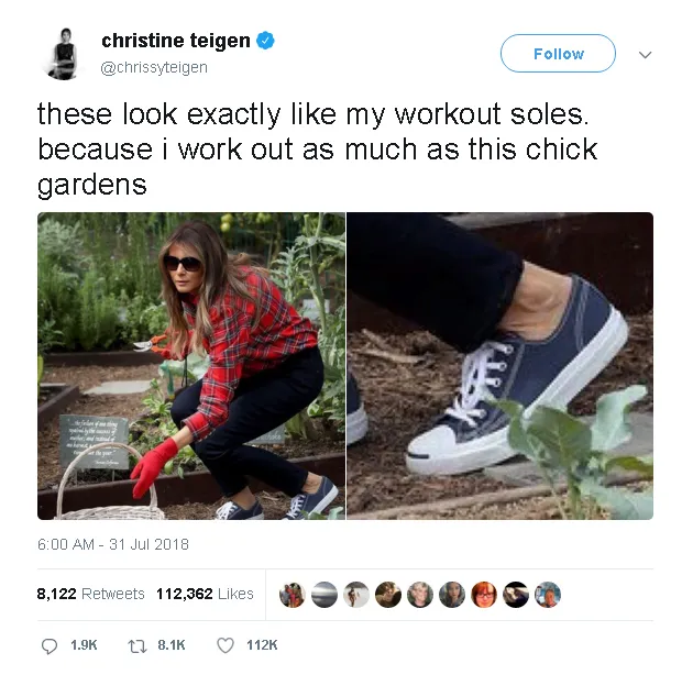 Sol sepatu Melania tampak bersih, Chrissy sangsi jika ia benar-benar berkebun © twitter.com/chrissyteigen