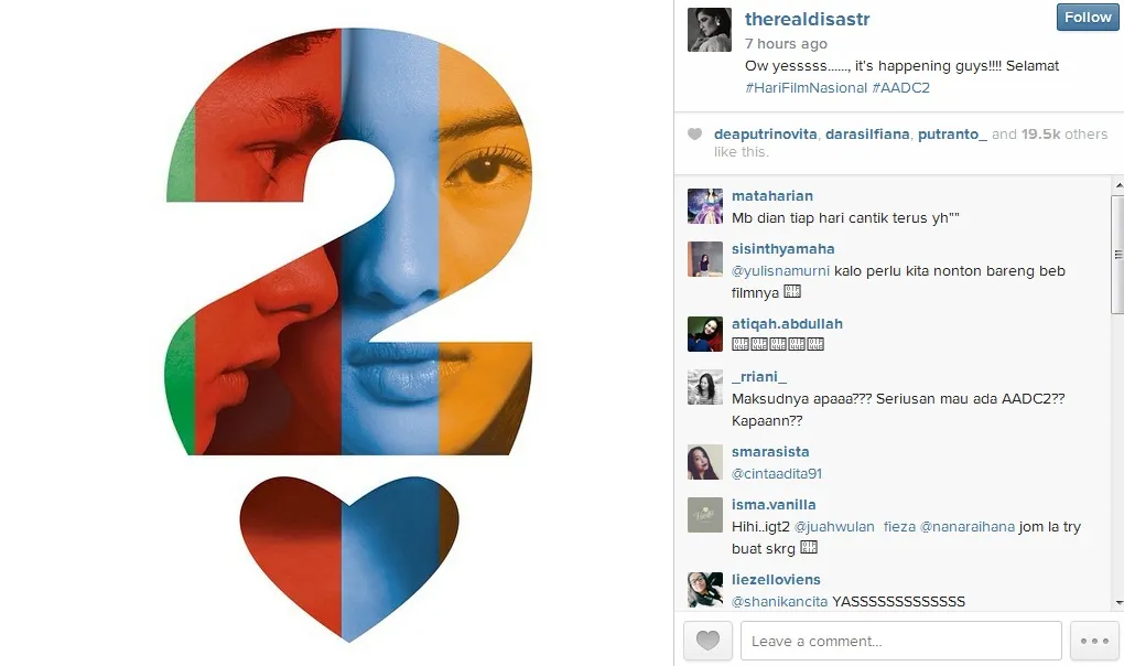 Postingan Dian Sastro di Instagram soal AADC 2 © instagram.com/therealdisastr