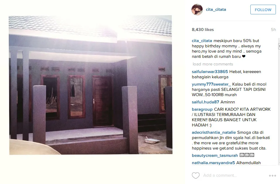 Inilah rumah yang diberikan Cita untuk sang bunda. @instagram/cita_citata