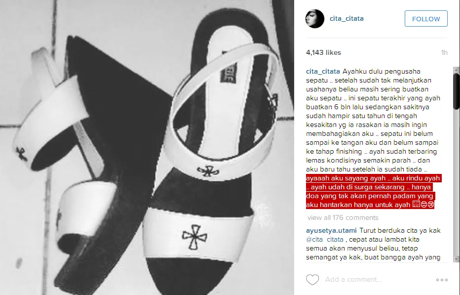 Sepatu buatan terakhir ayah untuk Cita © Instagram/Cita Citata