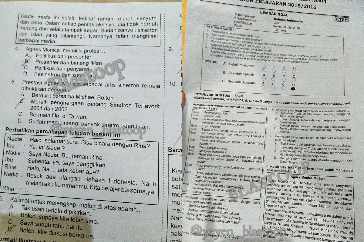 Ada nama Agnes Monica di soal Ujian Kenaikan Kelas © Twitter.com/Yeyen_Blastoop
