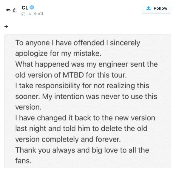 CL 2NE1 menuliskan permintaan maaf pada penggemar karena menggunakan lagi MTBD dengan versi ada lantunan ayat Al Quran. ©Twitter/ChaelinCL