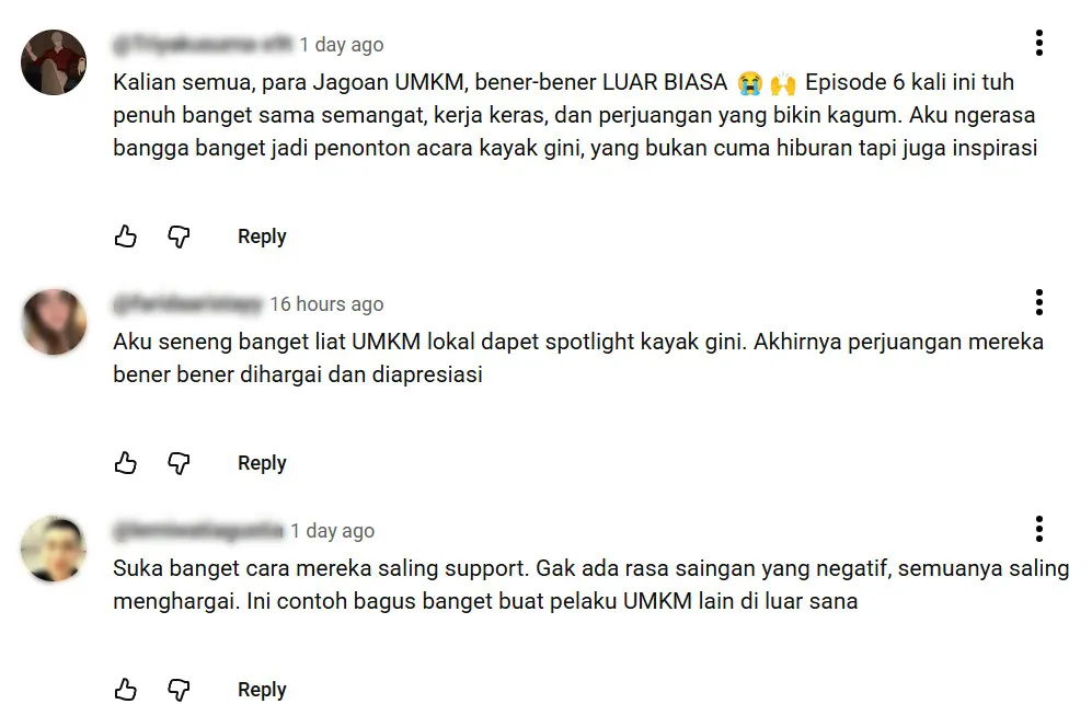 Komentar positif di YouTube dari para netizen terhadap kompetisi Shopee Jagoan UMKM. (Foto: Istimewa)