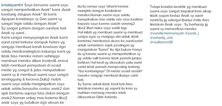 Curhatan KD terkait pernyataan Aurel © instagram.com/krisdayantirl