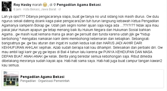 Curhatan Roy Hasby soal persidangan cerainya © facebook.com/royhasby23