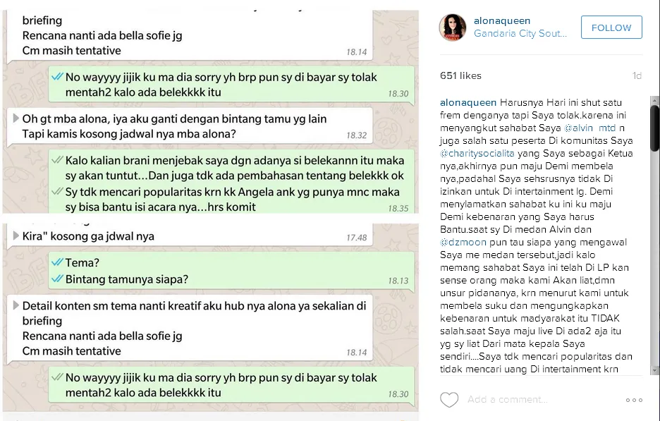 Alona tolak tawaran pihak TV karena enggan ketemu Bella / © Instagram/Cynthiara Alona