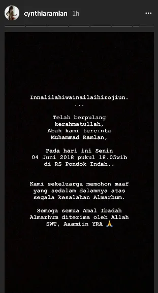 Ayah Cynthia dan Olla meninggal dunia / Credit: Instagram - cynthiaramlan