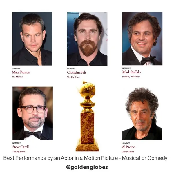 Matt Damon jadi yang terbaik dalam kategori Aktor Komedi Atau Musikal di Golden Globes 2016. ©twitter goldenglobes
