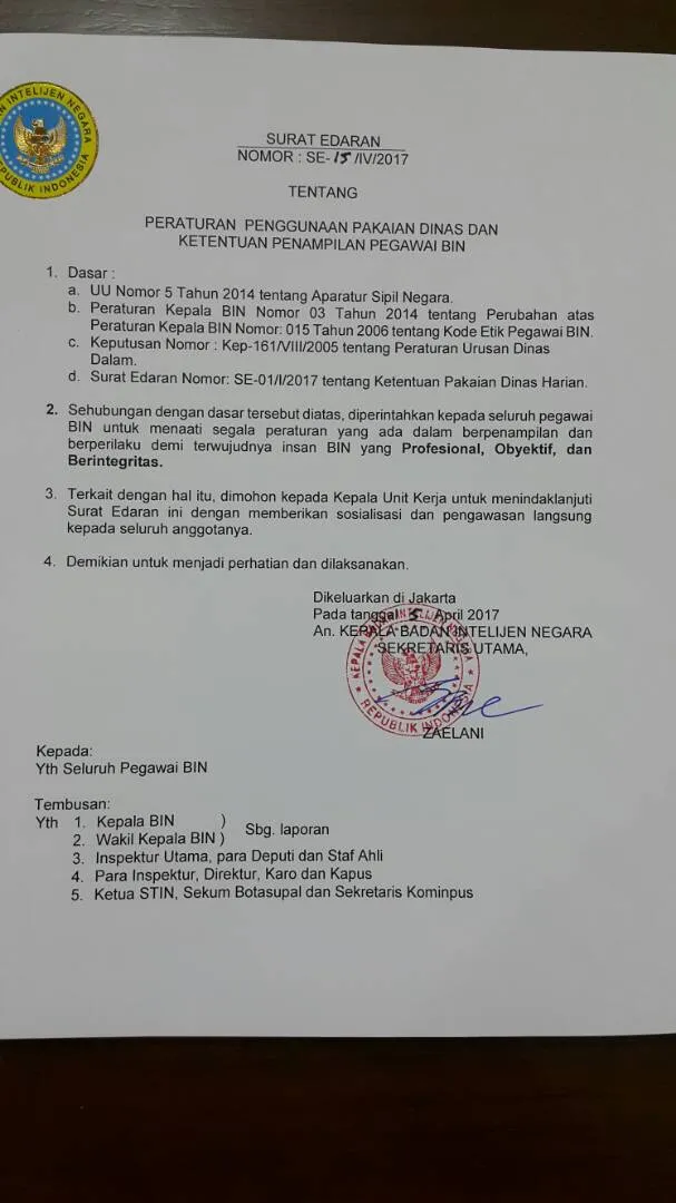 Surat edaran yang benar menurut klarifikasi Sekretaris Utama BIN, Zaelani © istimewa