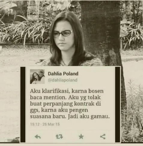 Dahlia Poland sempat berkicau tidak akan kembali lagi ke GGS lewat akun Twitter pribadinya ©Twitter