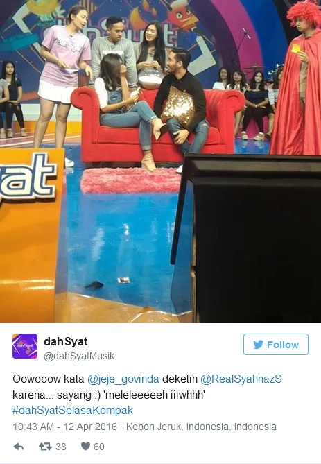 Jeje bilang sayang pada Syahnaz © Twitter/dahSyatMusik