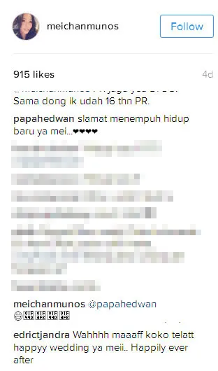 Komentar Edric Tjandra yang penuh misteri © Instagram.com/meichanmunos