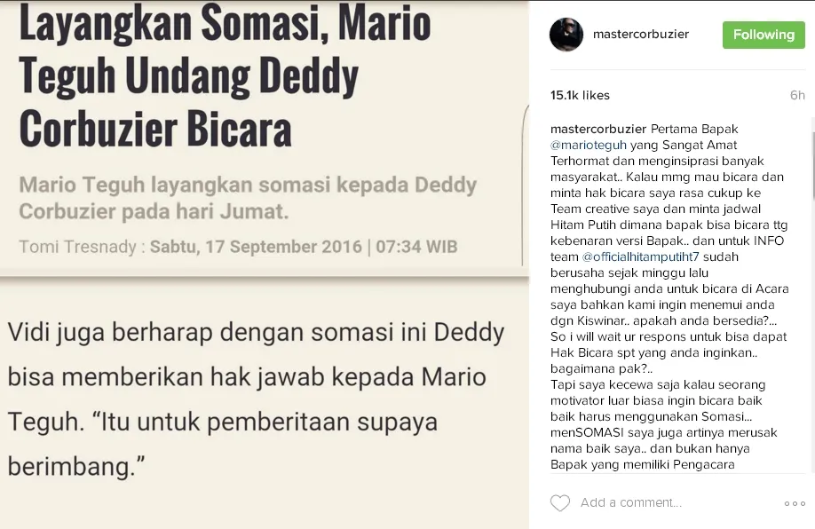 Postingan di Instagram Deddy Corbuzier soal somasi yang dilayangkan Mario Teguh. / ©Instagram Deddy Corbuzier 