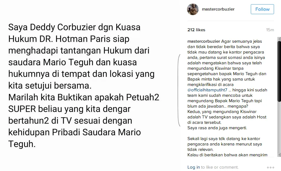 Perseteruan Deddy dan Mario makin panas! © Instagram/mastercorbuzier