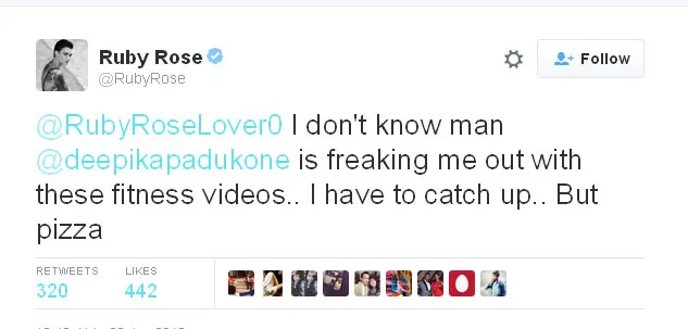 Ruby Rose ingin berlatih keras seperti Deepika Padukone © Twitter.com/RubyRose