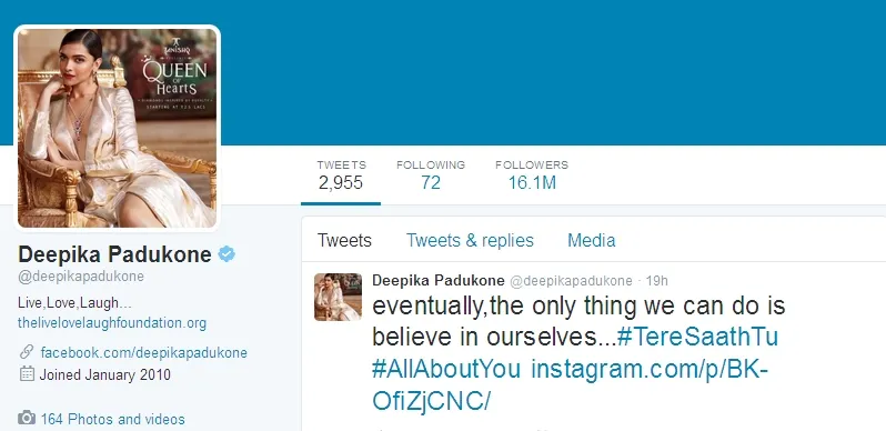 Follower Deepika sudah 16 juta akun ©twitter/deepikapadukone