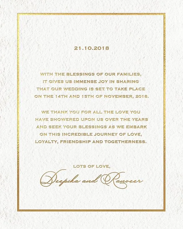 Deepika sudah umumkan tanggal pernikahannya dengan Ranveer ©instagram/deepikapadukone