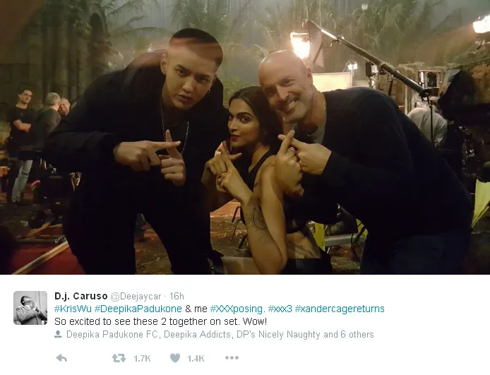 Ini dia pose kece Deepika, Kris Wu dan Caruso di lokasi syuting © Twitter.com/deejaycar