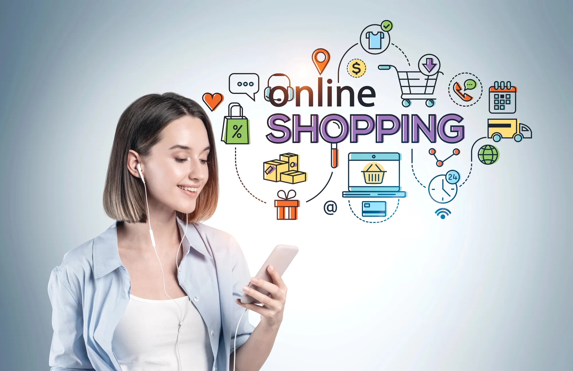 Seorang wanita muda yang ceria mengenakan pakaian santai dengan smartphone. (denisismagilov/depositphotos.com)