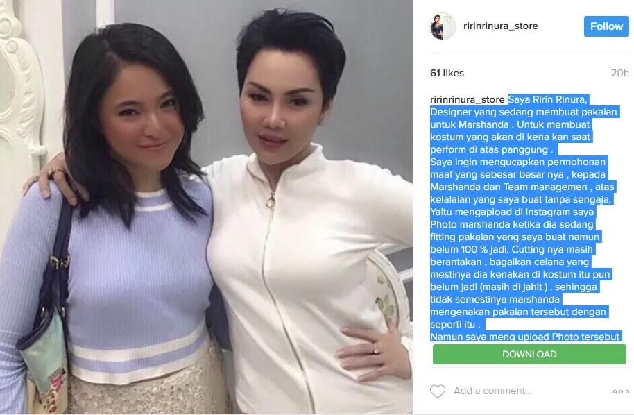 Desainer yang membuat kebaya untuk Marshanda memberikan klarifikasi. 姆nstagram.com/ririnrinura_store