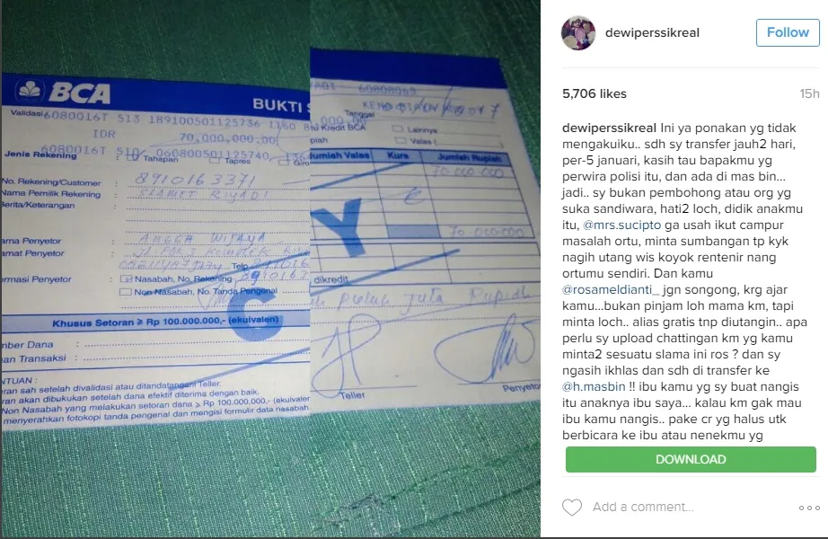 Postingan Dewi Perssik yang berupa bukti transfer. © instagram.com/dewiperssikreal 