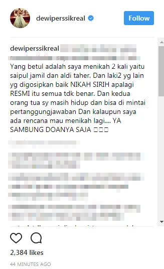 Dewi Perssik berikan klarifikasi mengenai kabar pernikahannya © instagram.com/dewiperssikreal