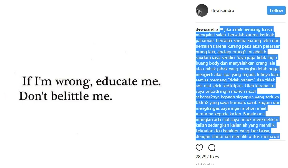 Dewi Sandra meminta untuk diingatkan atas kesalahannya. 姆nstagram.com/dewisandra