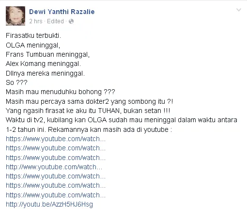 Ramalan Dewi Yanthi mengenai kematian Olga / © Facebook