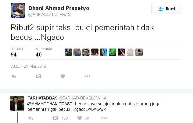 Dhani sebut demo supir taksi hari ini akibat pemerintah tidak becus. /© Ahmad Dhani Official Twitter