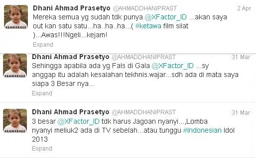 Dhani sudah punya prediksi siapa yang masuk 3 besar. sumber: twitter.