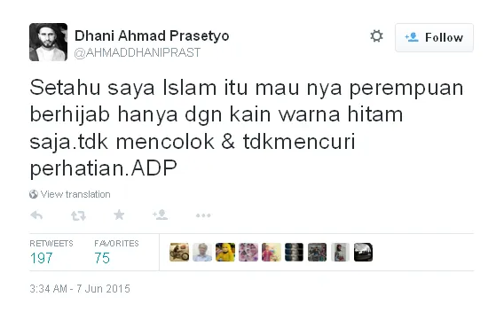Tweet Dhani mengenai hijab / © Twitter