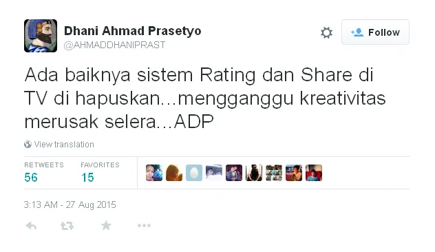 Tweet Dhani tentang stasiun TV Indonesia © Twitter/@ahmaddhaniprast