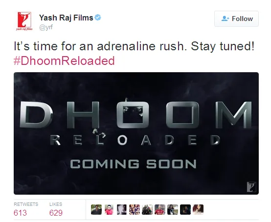 YRF siap rilis 'DHOOM RELOADED' ©twitter/yrf