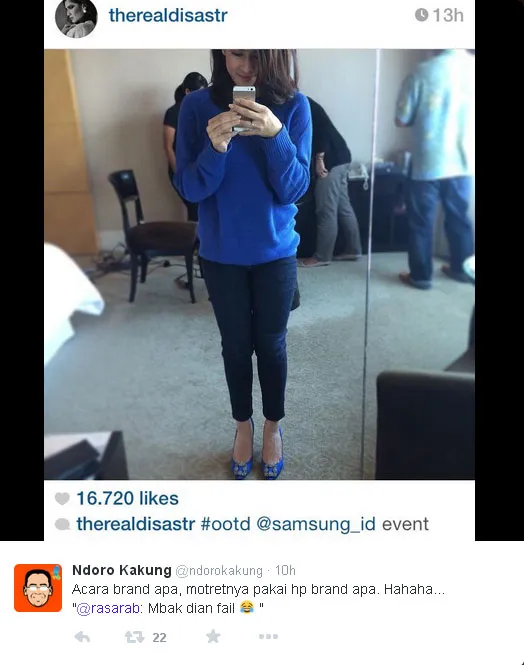 Dian Sastro saat selfie dengan HP yang salah, bikin dibully netizen. ©Twitter/Ndoro Kakung