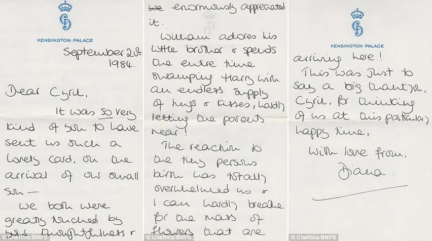 Salah satu surat Diana yang dilelang © dailymail.co.uk