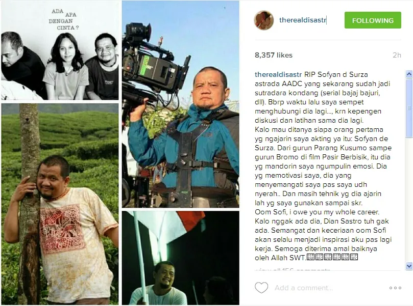 Ucapan belasungkawa Dian Sastro untuk Sofyan de Surza © instagram.com/therealdisastr