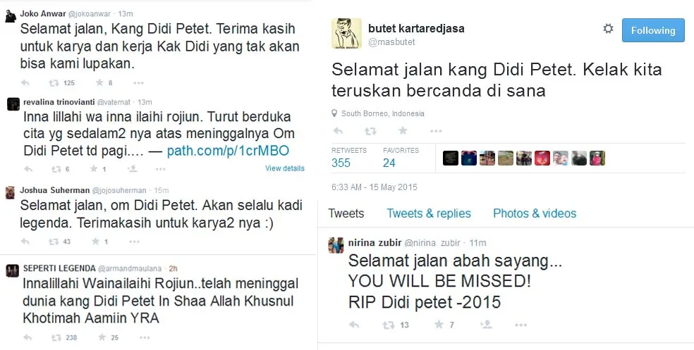 Seleb ikut berduka atas meninggalnya Didi Petet. @twitter