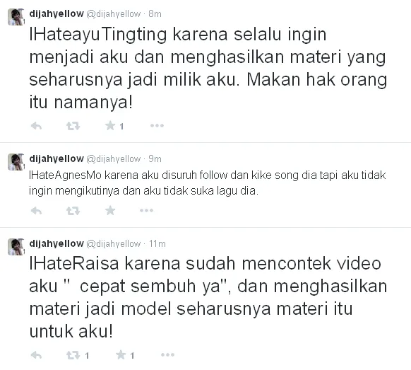 Dijah ungkapkan rasa tak sukanya untuk Agnes, Raisa, dan Ayu / © Twitter