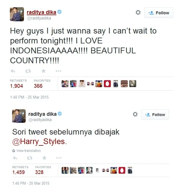 Tweet Raditya Dika yang 'dibajak' Harry Styles © twitter.com/radityadika
