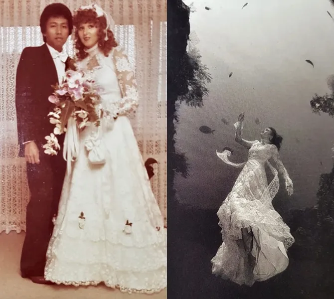 Gaun pernikahan Nadine dipakai oleh sang ibu di tahun 1981 dan untuk pemotretan bawah laut di tahun 2008. (Credit: Instagram/nadinelist)
