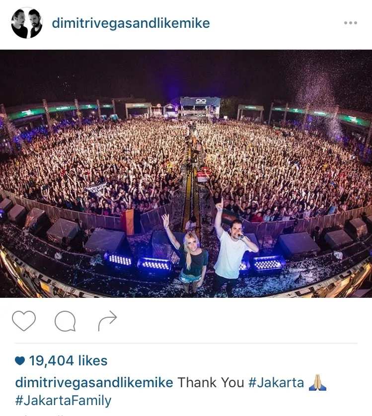 Meski Like Mike berhalangan tampil, Dimitri Vegas tetap sukses menghibur para partygoers di Jakarta © instagram.com/dimitrivegasandlikemike