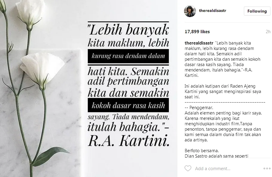 Dian menjelaskan kronologi kejadian tepis tangan fans lewat postingan ini ©instagram/therealdisastr