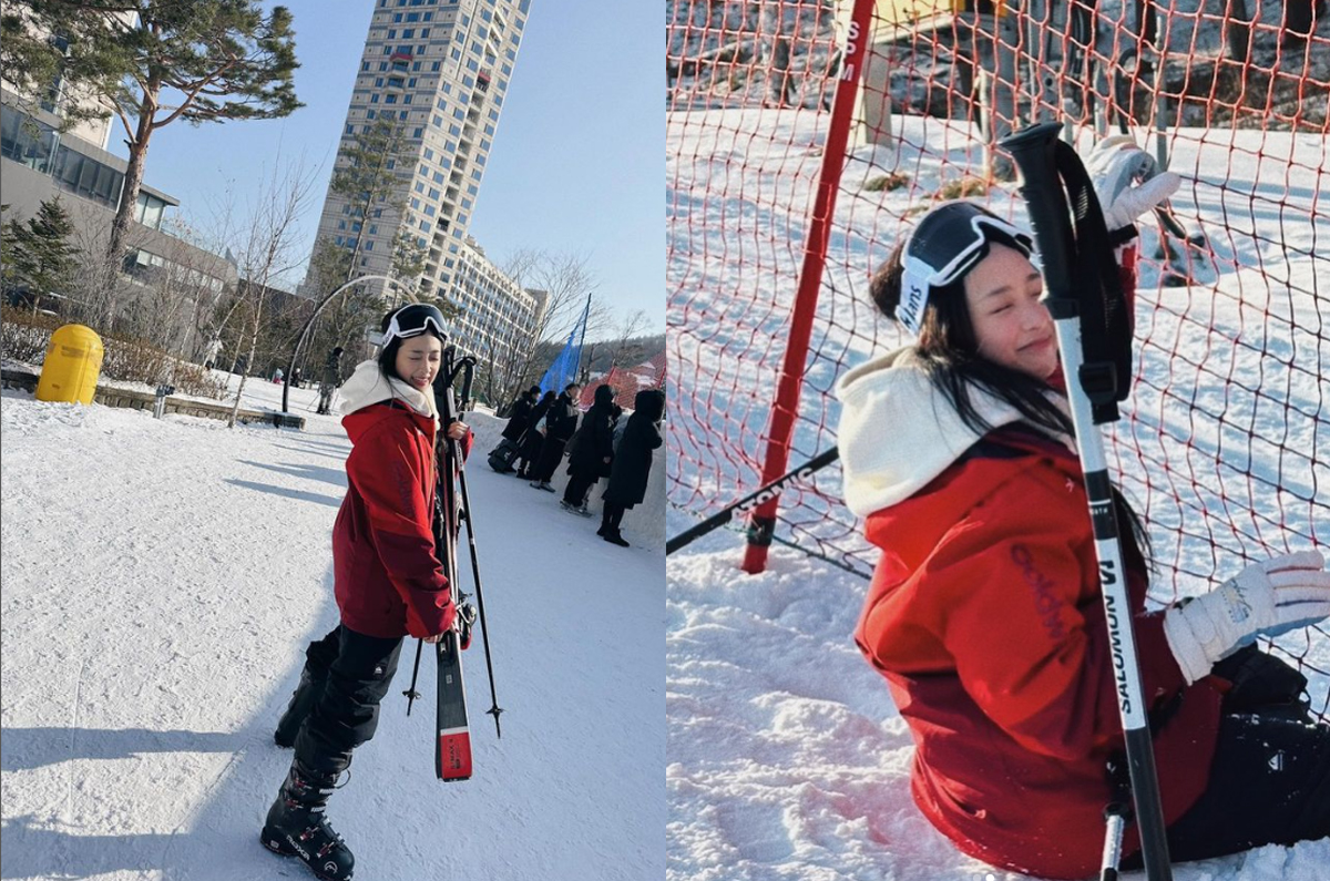 Dita Karang skiing for the first time on Instagram @hey_deets.